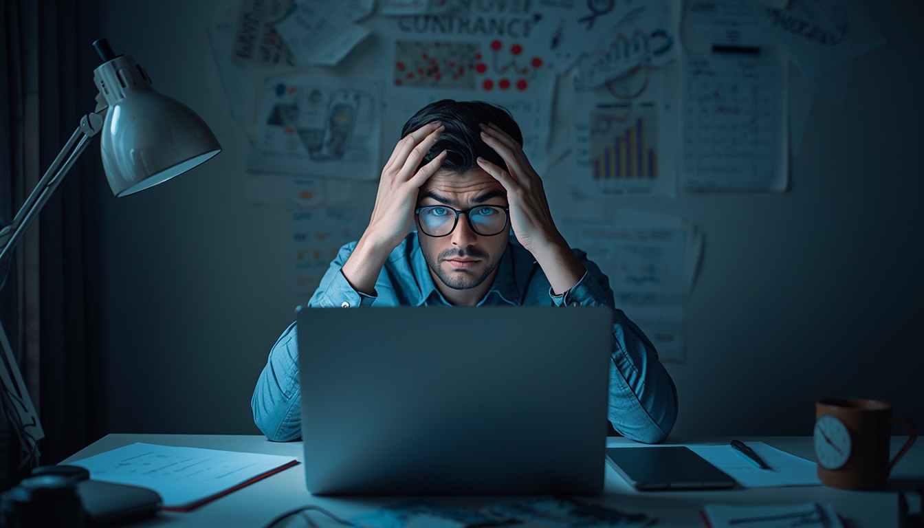 Overwhelmed person at desk with laptop and notes representing overcomplicating online business