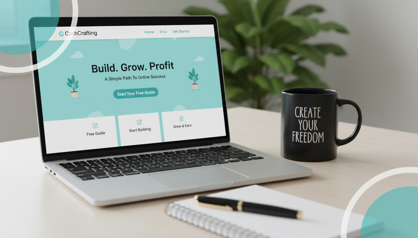 Laptop and workspace representing a simple online income system and call to action