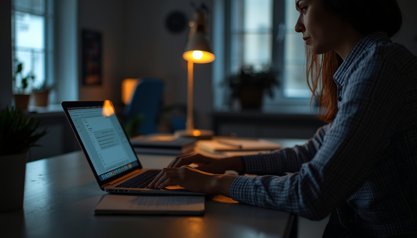 Calm and focused person working on laptop step by step on an online business